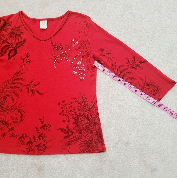 Jess & Jane Laceworks Red Floral Print 3/4 Sleeve Top Women’s Medium USA Cotton - Picture 6 of 11
